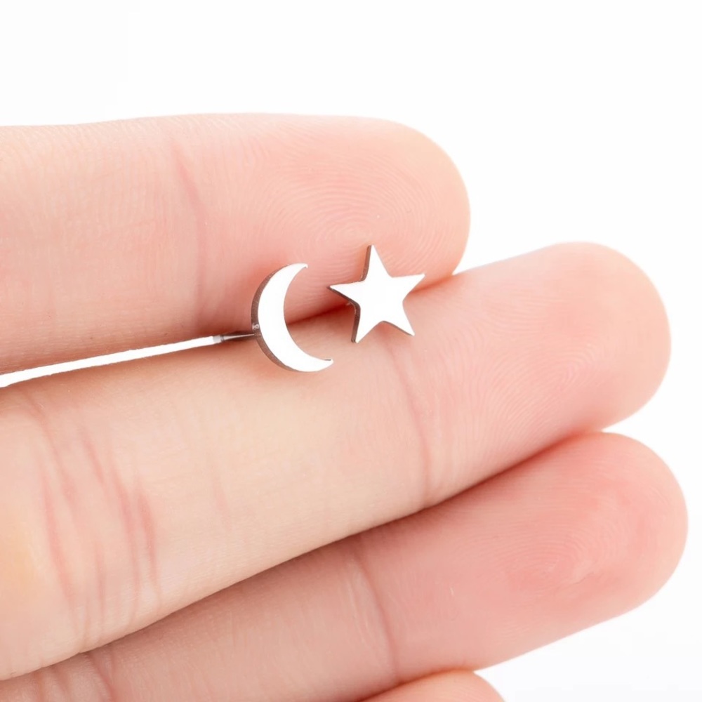 Stainless Steel Asymmetric Star Moon Stud Earrings